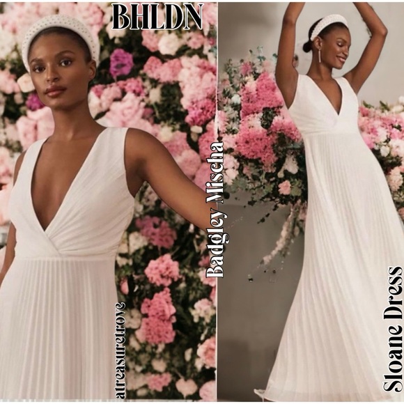 Badgley Mischka x BHLDN Sloane 0 & 6 Off White Pleated V-Neck Maxi Wedding Gown - Picture 5 of 8